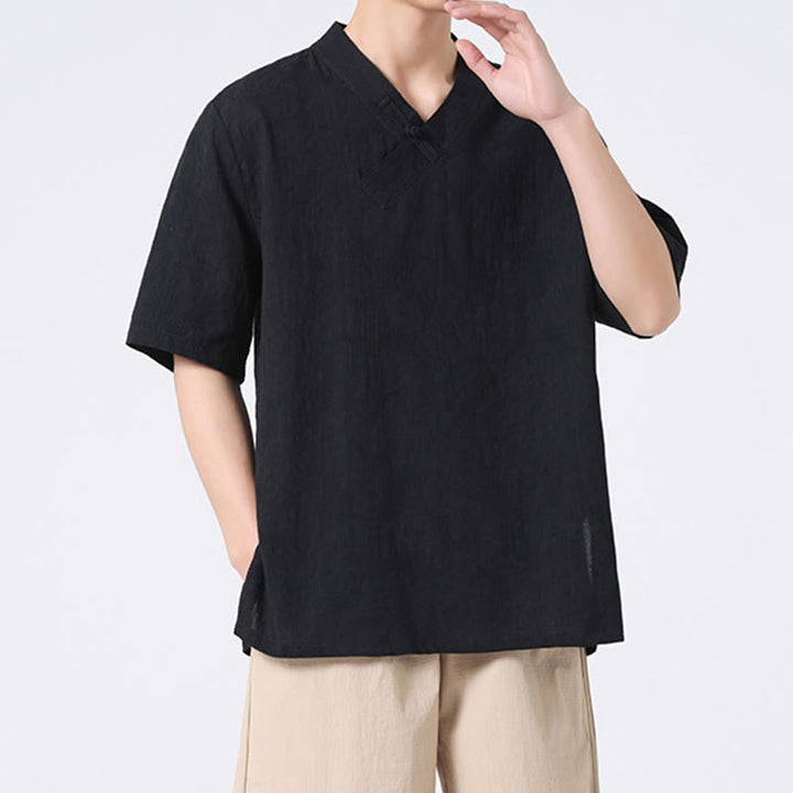 Chemise ethnique en coton et lin à manches mi-longues et col montant pour homme, motif jacquard effet vieilli, motif Buddha Stones, motif grenouille, vêtements de tai-chi