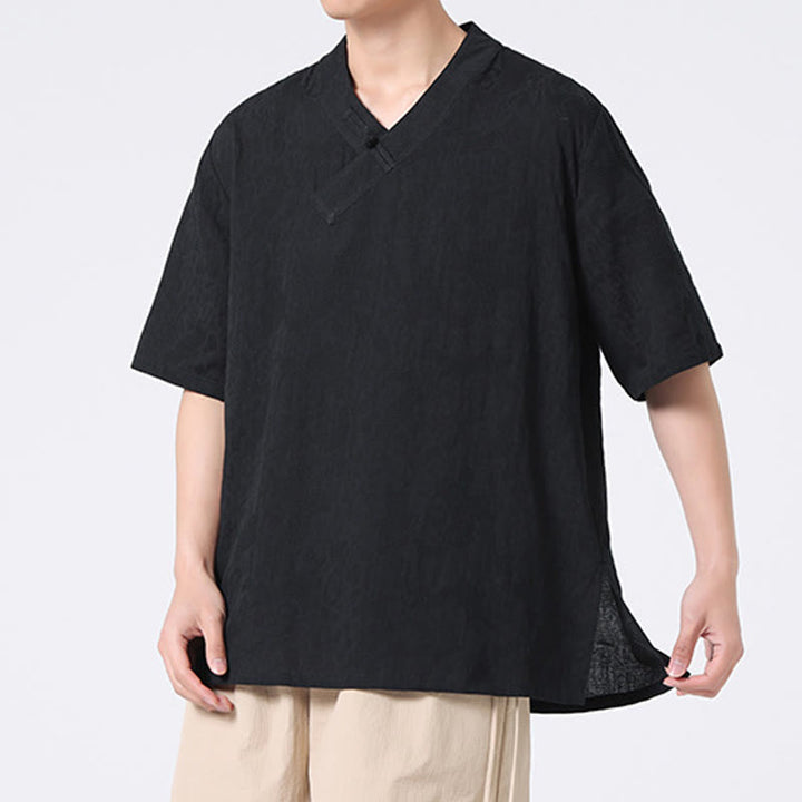 Chemise ethnique en coton et lin à manches mi-longues et col montant pour homme, motif jacquard effet vieilli, motif Buddha Stones, motif grenouille, vêtements de tai-chi