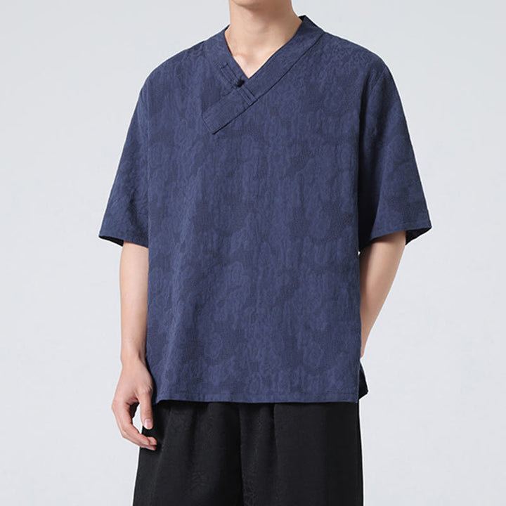 Chemise ethnique en coton et lin à manches mi-longues et col montant pour homme, motif jacquard effet vieilli, motif Buddha Stones, motif grenouille, vêtements de tai-chi