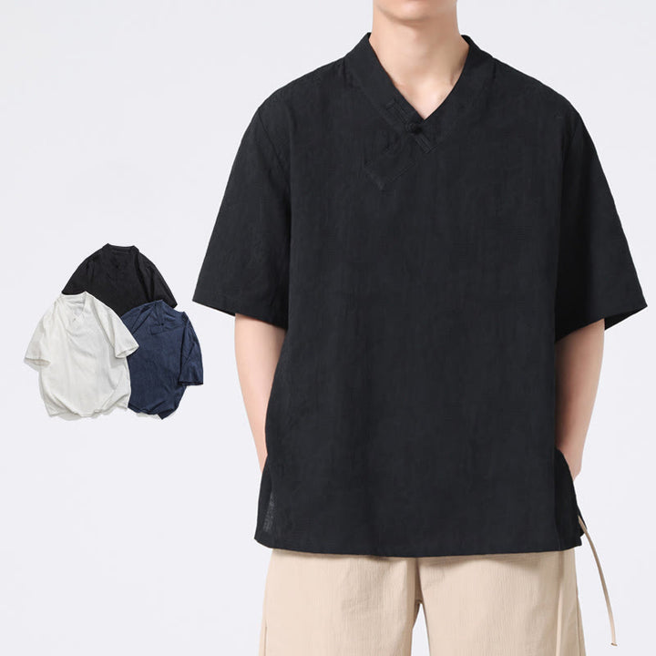 Chemise ethnique en coton et lin à manches mi-longues et col montant pour homme, motif jacquard effet vieilli, motif Buddha Stones, motif grenouille, vêtements de tai-chi