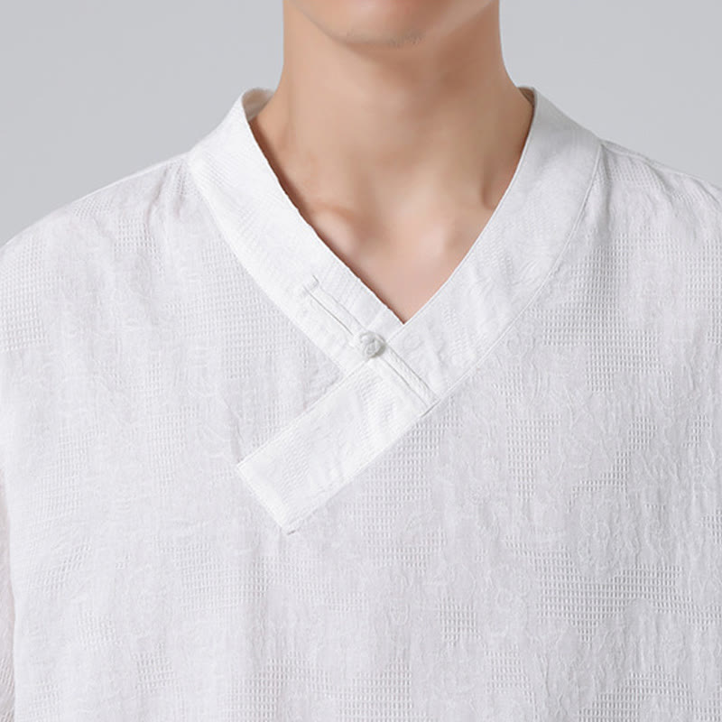 Chemise ethnique en coton et lin à manches mi-longues et col montant pour homme, motif jacquard effet vieilli, motif Buddha Stones, motif grenouille, vêtements de tai-chi