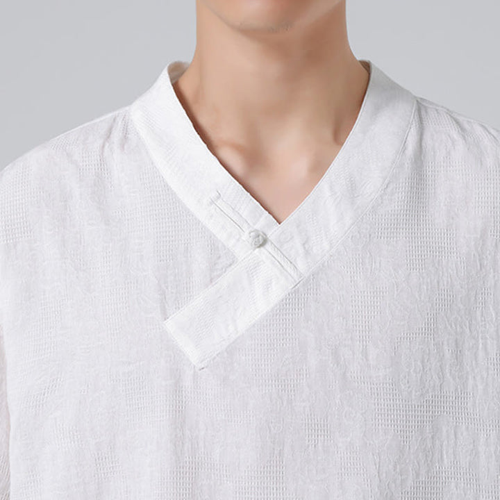 Chemise ethnique en coton et lin à manches mi-longues et col montant pour homme, motif jacquard effet vieilli, motif Buddha Stones, motif grenouille, vêtements de tai-chi