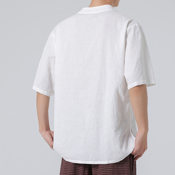 Chemise ethnique en coton et lin à manches mi-longues et col montant pour homme, motif jacquard effet vieilli, motif Buddha Stones, motif grenouille, vêtements de tai-chi