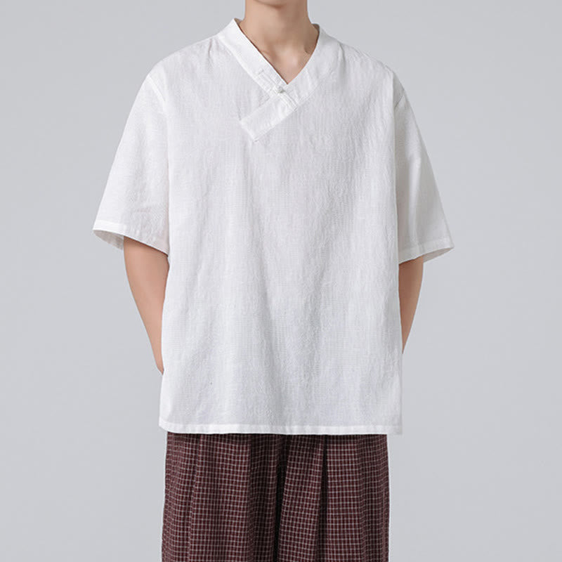 Chemise ethnique en coton et lin à manches mi-longues et col montant pour homme, motif jacquard effet vieilli, motif Buddha Stones, motif grenouille, vêtements de tai-chi