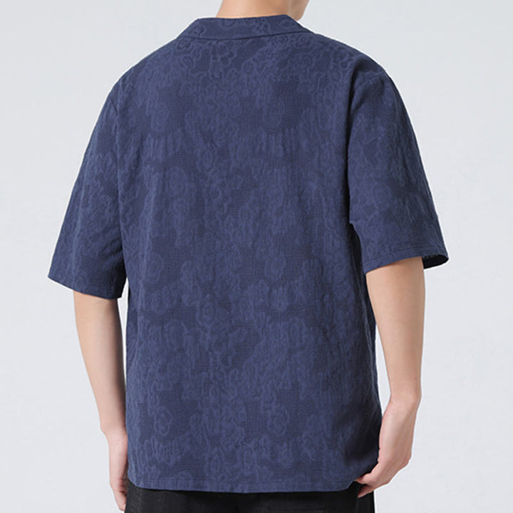 Chemise ethnique en coton et lin à manches mi-longues et col montant pour homme, motif jacquard effet vieilli, motif Buddha Stones, motif grenouille, vêtements de tai-chi