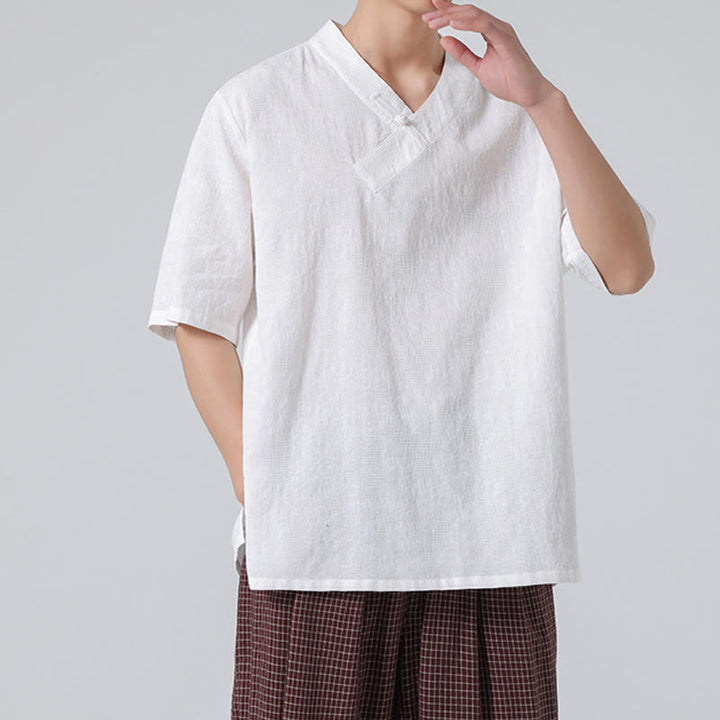 Chemise ethnique en coton et lin à manches mi-longues et col montant pour homme, motif jacquard effet vieilli, motif Buddha Stones, motif grenouille, vêtements de tai-chi