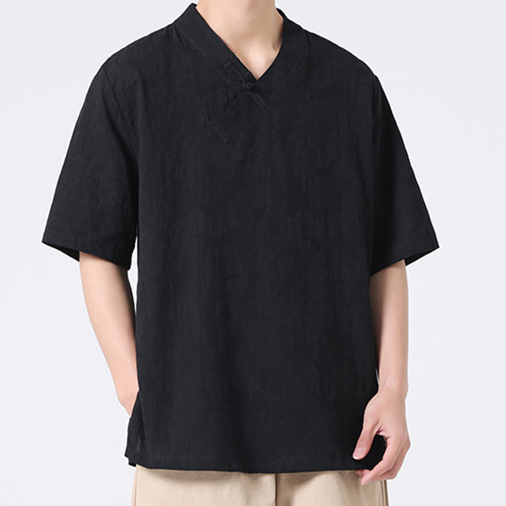 Chemise ethnique en coton et lin à manches mi-longues et col montant pour homme, motif jacquard effet vieilli, motif Buddha Stones, motif grenouille, vêtements de tai-chi