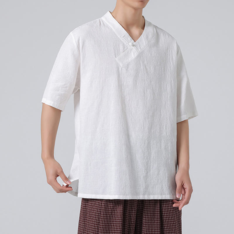Chemise ethnique en coton et lin à manches mi-longues et col montant pour homme, motif jacquard effet vieilli, motif Buddha Stones, motif grenouille, vêtements de tai-chi