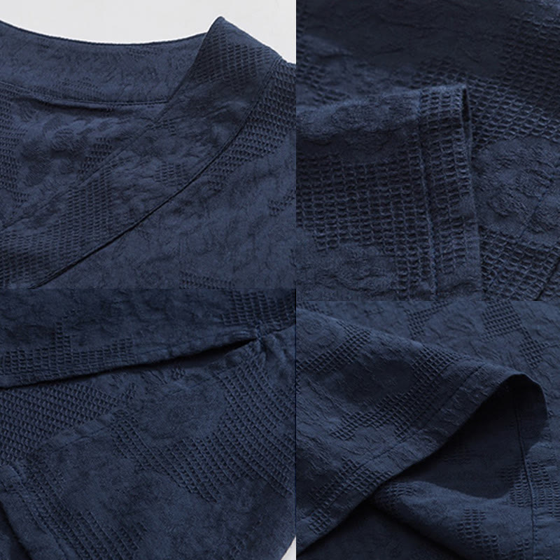 Chemise ethnique en coton et lin à manches mi-longues et col montant pour homme, motif jacquard effet vieilli, motif Buddha Stones, motif grenouille, vêtements de tai-chi
