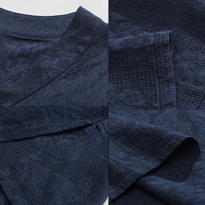 Chemise ethnique en coton et lin à manches mi-longues et col montant pour homme, motif jacquard effet vieilli, motif Buddha Stones, motif grenouille, vêtements de tai-chi