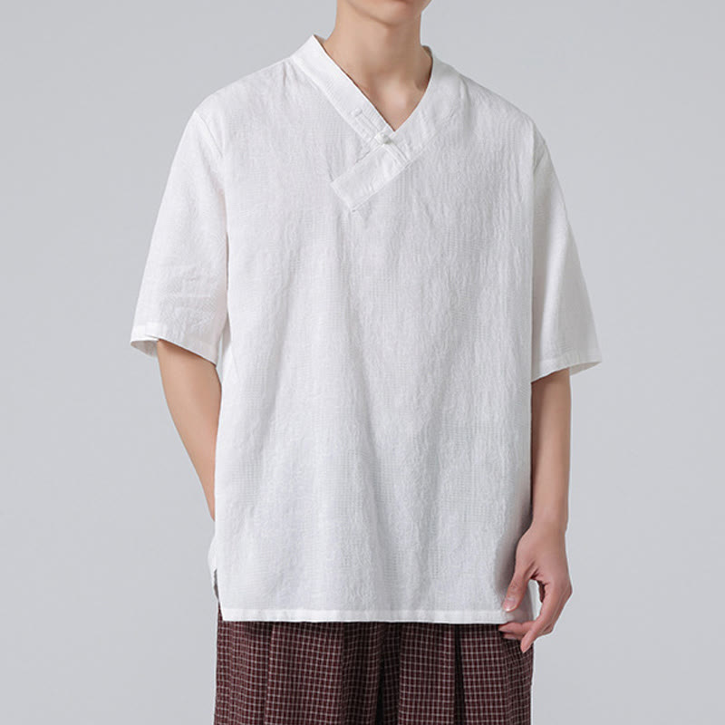 Chemise ethnique en coton et lin à manches mi-longues et col montant pour homme, motif jacquard effet vieilli, motif Buddha Stones, motif grenouille, vêtements de tai-chi