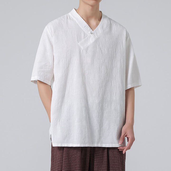 Chemise ethnique en coton et lin à manches mi-longues et col montant pour homme, motif jacquard effet vieilli, motif Buddha Stones, motif grenouille, vêtements de tai-chi