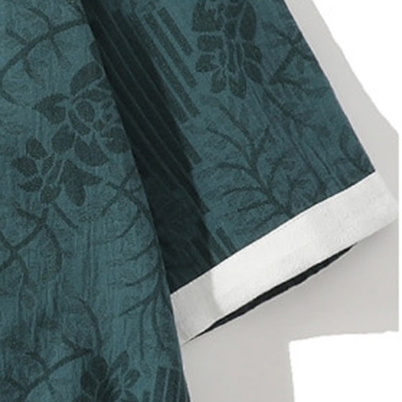 Chemise cardigan décontractée d'été en coton à manches mi-longues et col montant pour homme, motif floral Buddha Stones , boutons grenouille, couleur contrastée - image 4