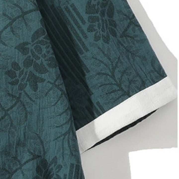 Chemise cardigan décontractée d'été en coton à manches mi-longues et col montant pour homme, motif floral Buddha Stones , boutons grenouille, couleur contrastée - image 4