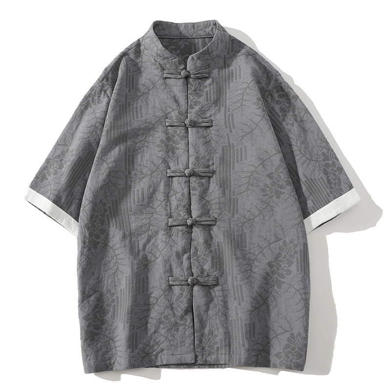 Chemise homme en coton à manches courtes et col montant, motif floral jacquard, style décontracté d'été Buddha Stones, col montant et boutons brandebourg contrastés. - Gris foncé - US/UK/AU46，EU56 (5XL) - image 5