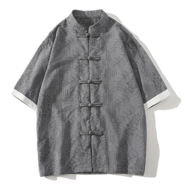 Chemise homme en coton à manches courtes et col montant, motif floral jacquard, style décontracté d'été Buddha Stones, col montant et boutons brandebourg contrastés. - Gris foncé - US/UK/AU46，EU56 (5XL) - image 5