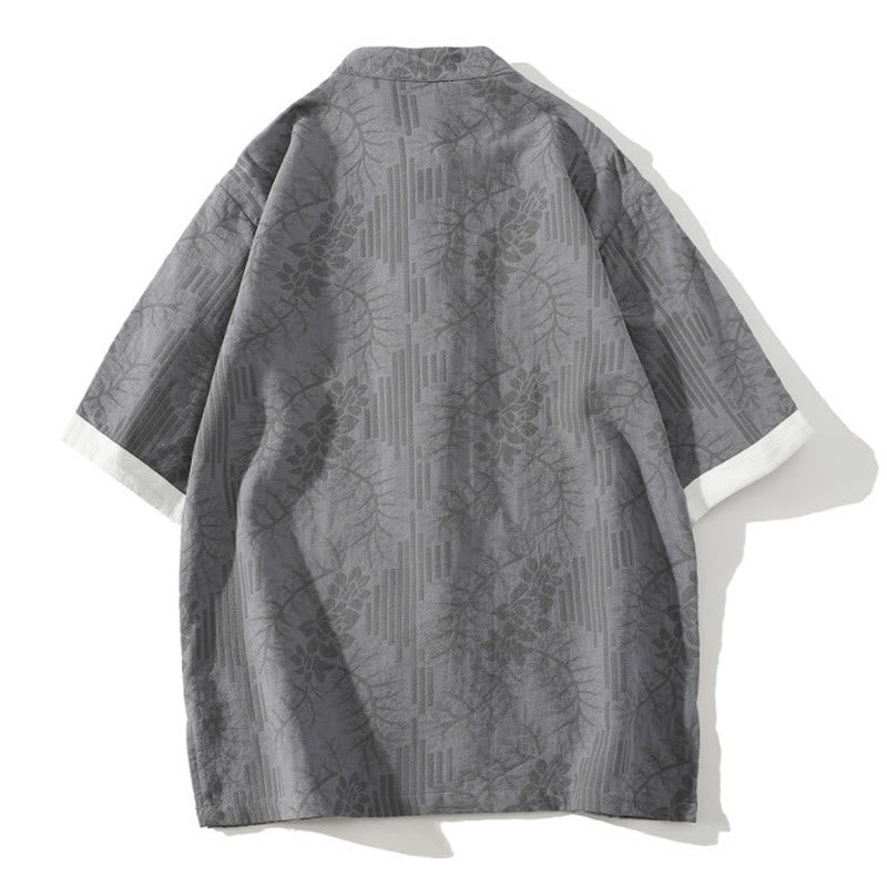 Chemise homme en coton à manches courtes et col montant, motif floral jacquard, style décontracté d'été Buddha Stones, col montant et boutons brandebourg contrastés. - image 6