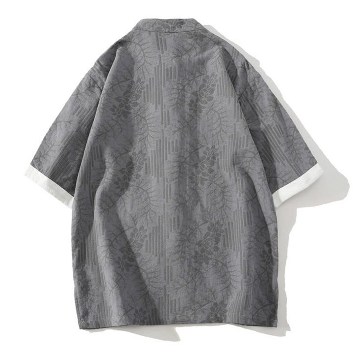 Chemise homme en coton à manches courtes et col montant, motif floral jacquard, style décontracté d'été Buddha Stones, col montant et boutons brandebourg contrastés. - image 6