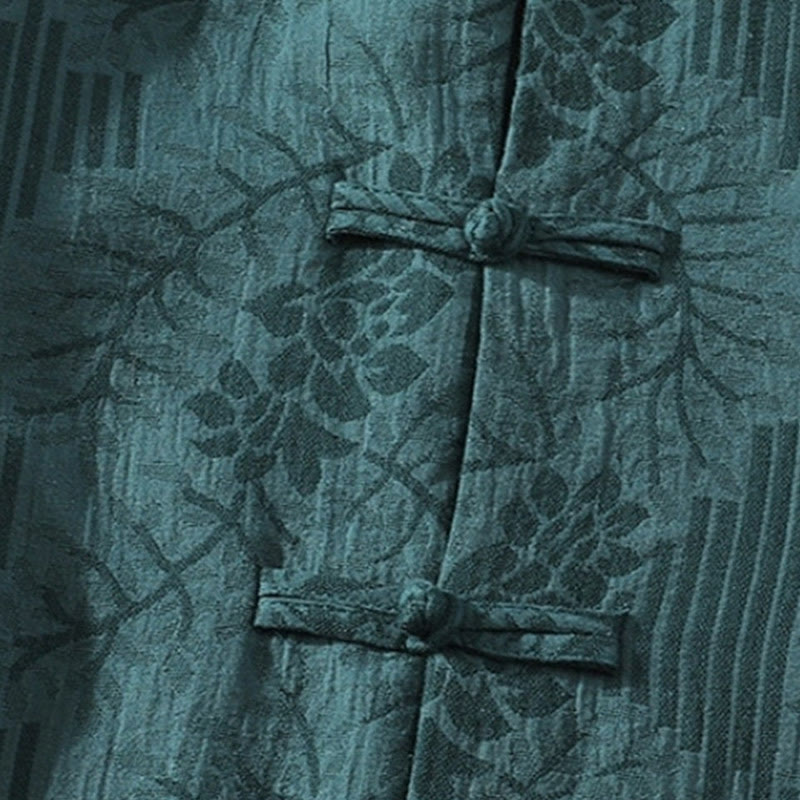 Chemise cardigan décontractée d'été en coton à manches mi-longues et col montant pour homme, motif floral Buddha Stones , boutons grenouille, couleur contrastée - image 2