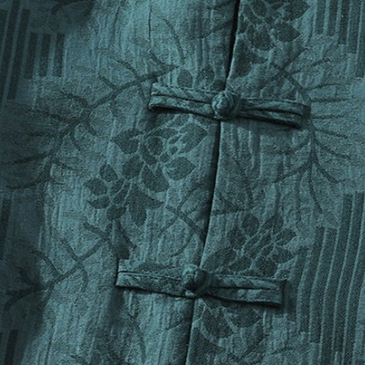 Chemise cardigan décontractée d'été en coton à manches mi-longues et col montant pour homme, motif floral Buddha Stones , boutons grenouille, couleur contrastée - image 2