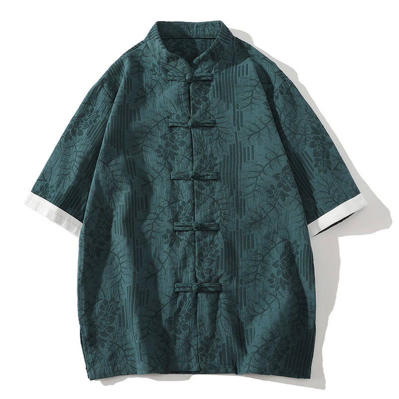 Chemise homme en coton à manches courtes et col montant, motif floral jacquard, style décontracté d'été Buddha Stones, col montant et boutons brandebourg contrastés. - Sarcelle - US/UK/AU46，EU56 (5XL) - image 0