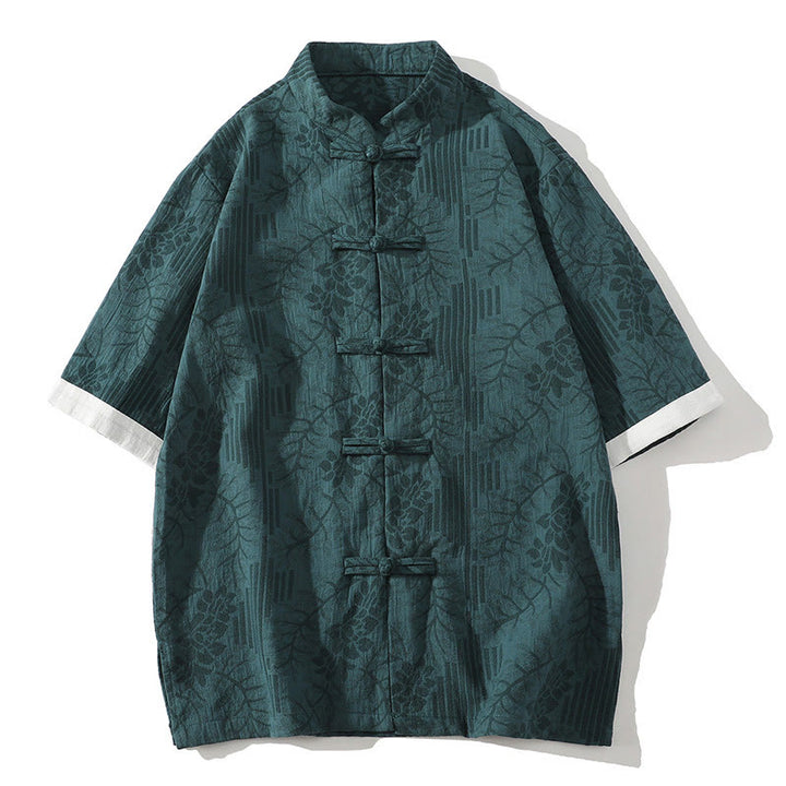 Chemise homme en coton à manches courtes et col montant, motif floral jacquard, style décontracté d'été Buddha Stones, col montant et boutons brandebourg contrastés. - Sarcelle - US/UK/AU46，EU56 (5XL) - image 0