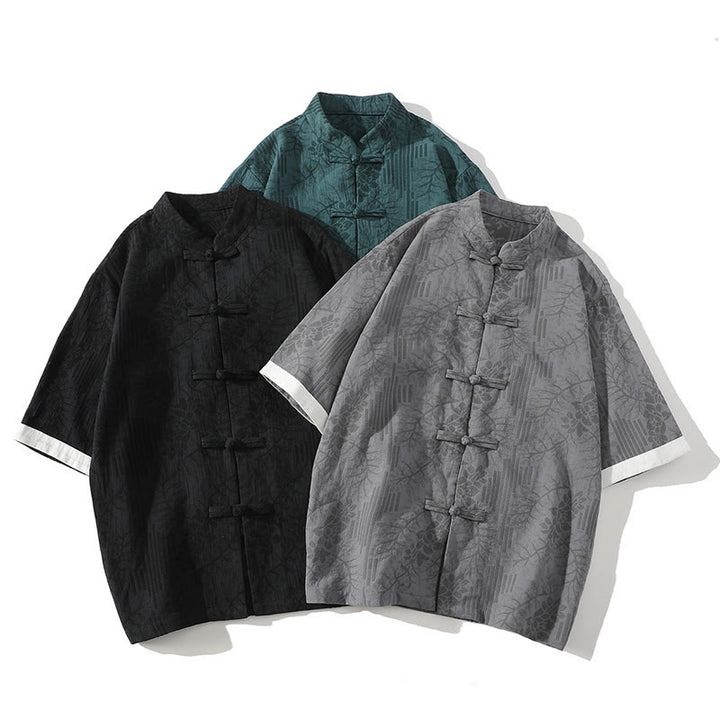 Chemise homme en coton à manches courtes et col montant, motif floral jacquard, style décontracté d'été Buddha Stones, col montant et boutons brandebourg contrastés. - image 10