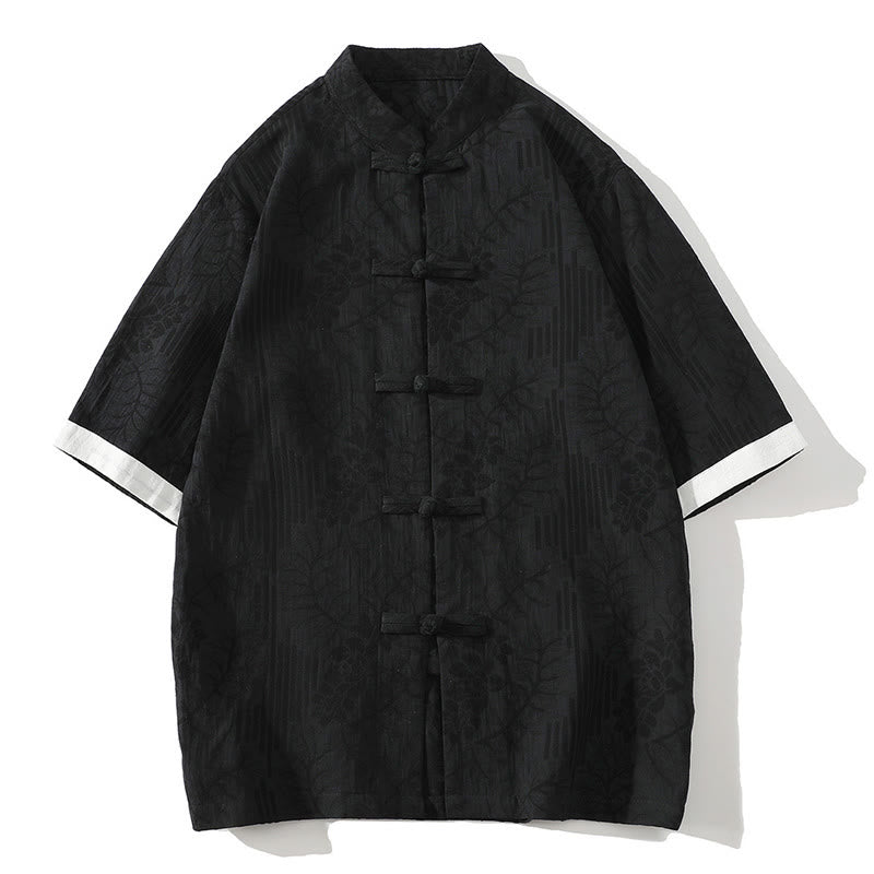 Chemise homme en coton à manches courtes et col montant, motif floral jacquard, style décontracté d'été Buddha Stones, col montant et boutons brandebourg contrastés. - Noir - US/UK/AU46，EU56 (5XL) - image 9
