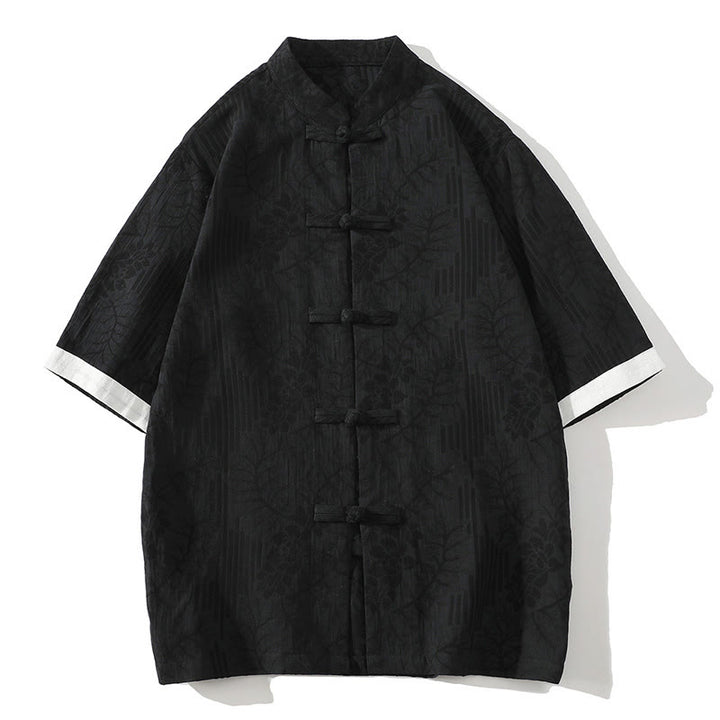 Chemise homme en coton à manches courtes et col montant, motif floral jacquard, style décontracté d'été Buddha Stones, col montant et boutons brandebourg contrastés. - Noir - US/UK/AU46，EU56 (5XL) - image 9