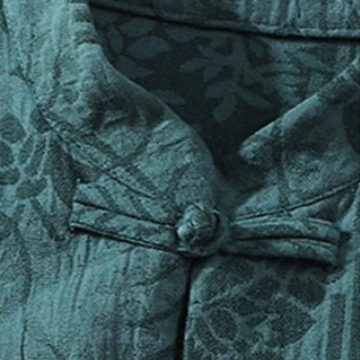 Chemise homme en coton à manches courtes et col montant, motif floral jacquard, style décontracté d'été Buddha Stones, col montant et boutons brandebourg contrastés. - image 3