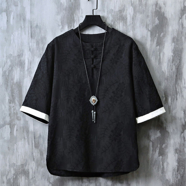 Buddha Stones à manches courtes et col ras du cou pour homme, en coton, style jacquard rétro chinois, motif grenouille et boutons - Noir - US/UK/AU46，EU56 (5XL) - image 3