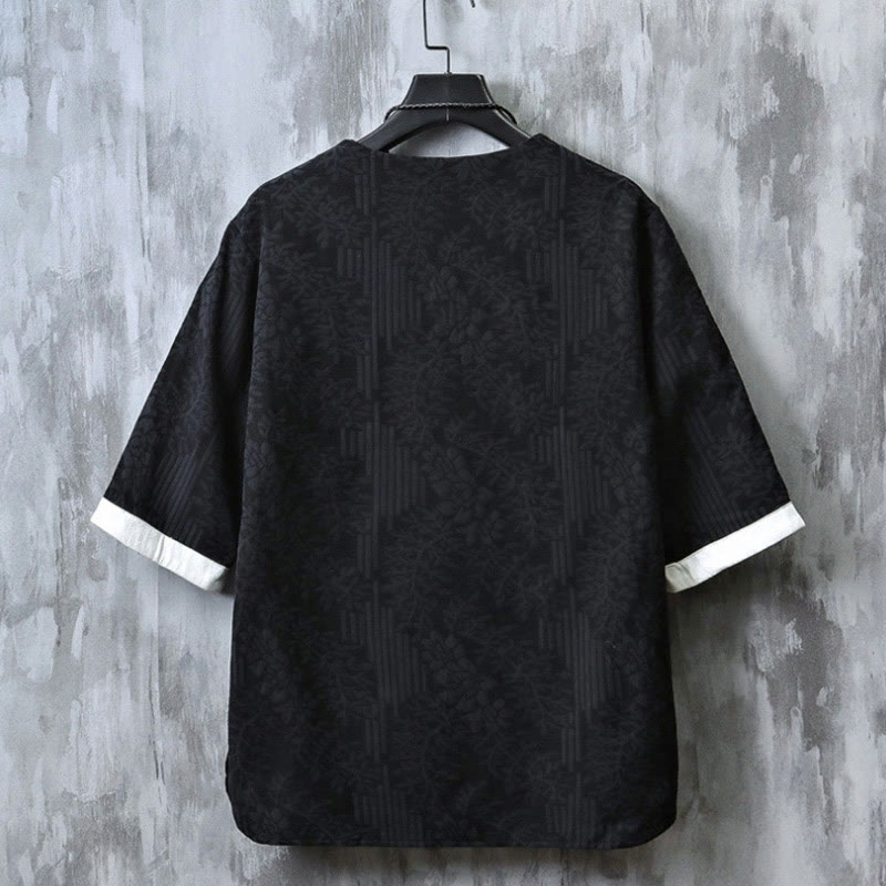 Buddha Stones à manches courtes et col ras du cou pour homme, en coton, style jacquard rétro chinois, motif grenouille et boutons