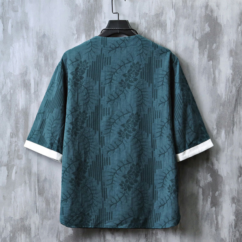 Buddha Stones à manches courtes et col ras du cou pour homme, en coton, style jacquard rétro chinois, motif grenouille et boutons - image 6