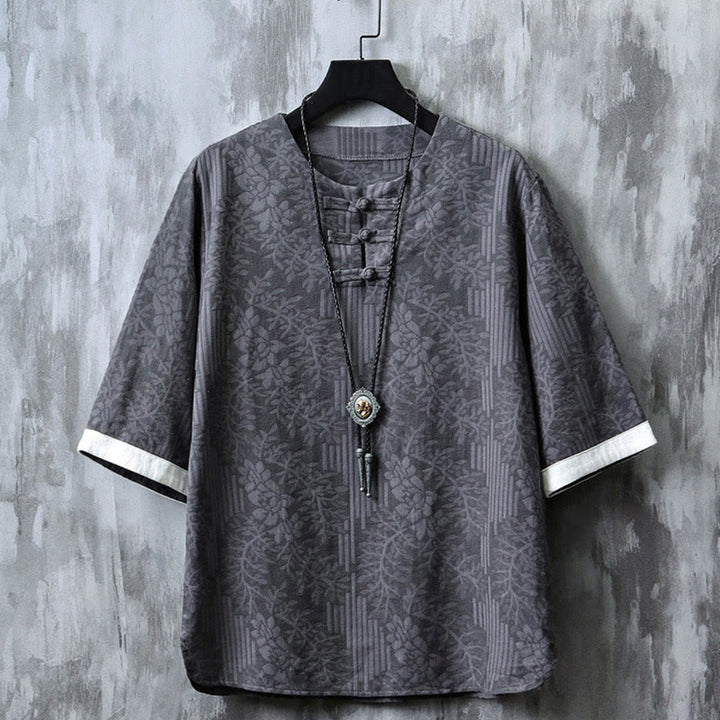 Buddha Stones à manches courtes et col ras du cou pour homme, en coton, style jacquard rétro chinois, motif grenouille et boutons - Gris terne - US/UK/AU46，EU56 (5XL) - image 0
