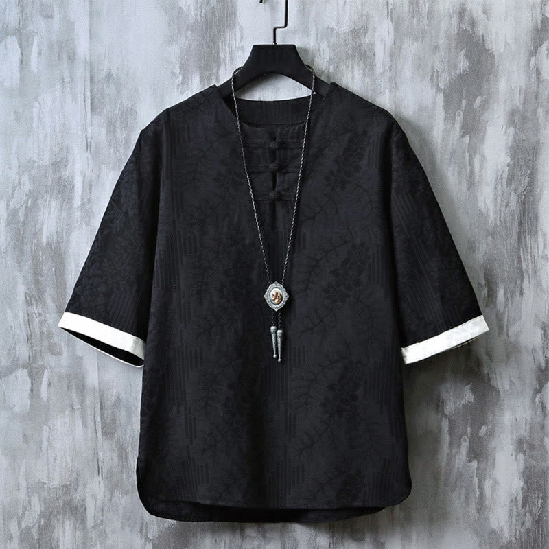 Buddha Stones à manches courtes et col ras du cou pour homme, en coton, style jacquard rétro chinois, motif grenouille et boutons - Noir - US/UK/AU46，EU56 (5XL) - image 3
