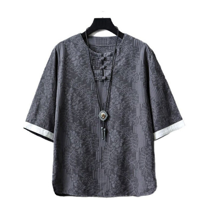 Buddha Stones à manches courtes et col ras du cou pour homme, en coton, style jacquard rétro chinois, motif grenouille et boutons - image 1
