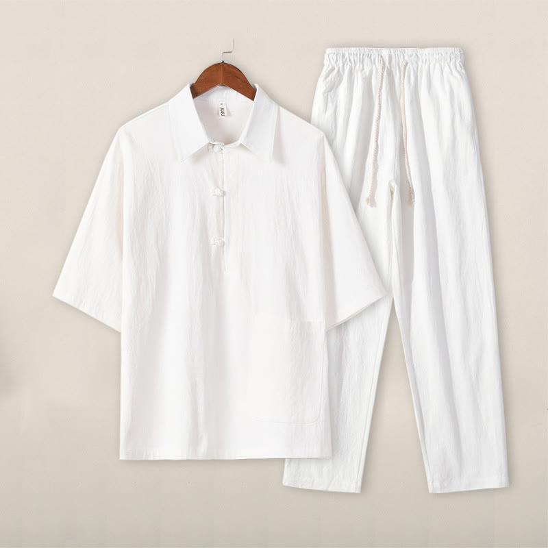 Ensemble 2 pièces décontracté en coton et lin avec poches et motif Buddha Stones, chemise à demi-bouton, pantalon à cordon de serrage, pour homme
