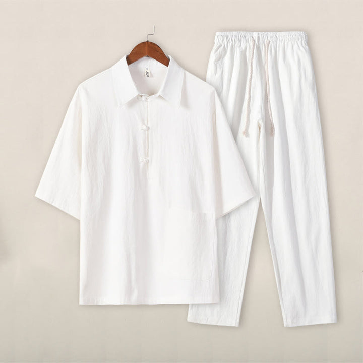 Ensemble 2 pièces décontracté en coton et lin avec poches et motif Buddha Stones, chemise à demi-bouton, pantalon à cordon de serrage, pour homme