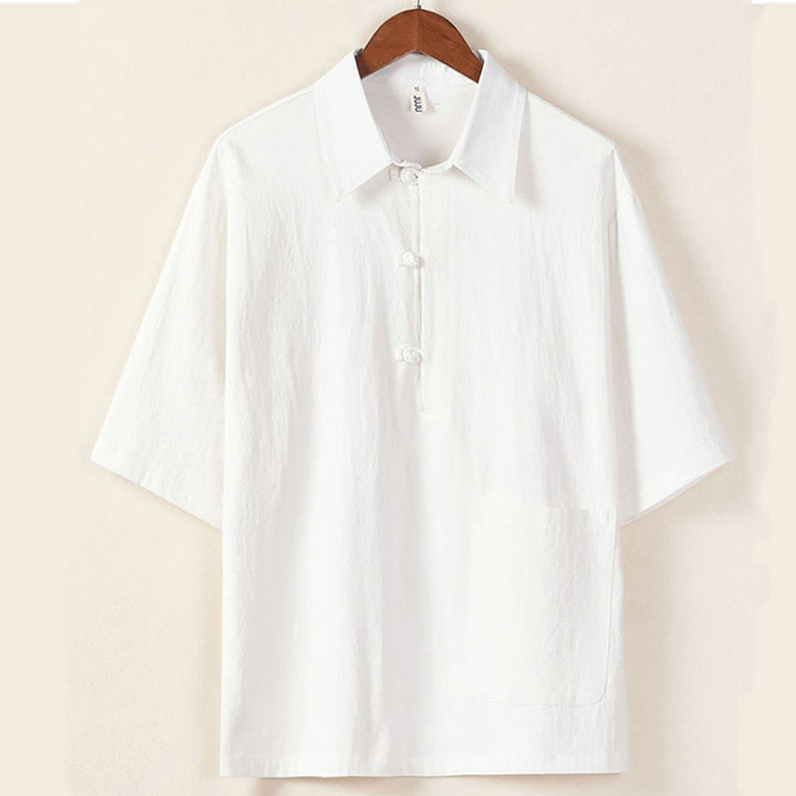 Ensemble 2 pièces décontracté en coton et lin avec poches et motif Buddha Stones, chemise à demi-bouton, pantalon à cordon de serrage, pour homme