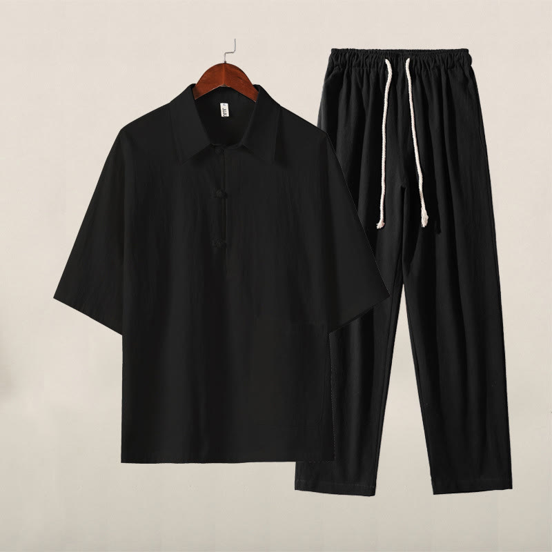 Ensemble 2 pièces décontracté en coton et lin avec poches et motif Buddha Stones, chemise à demi-bouton, pantalon à cordon de serrage, pour homme