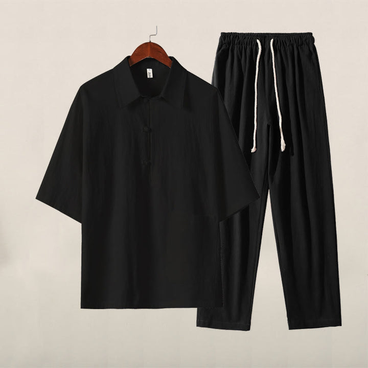 Ensemble 2 pièces décontracté en coton et lin avec poches et motif Buddha Stones, chemise à demi-bouton, pantalon à cordon de serrage, pour homme