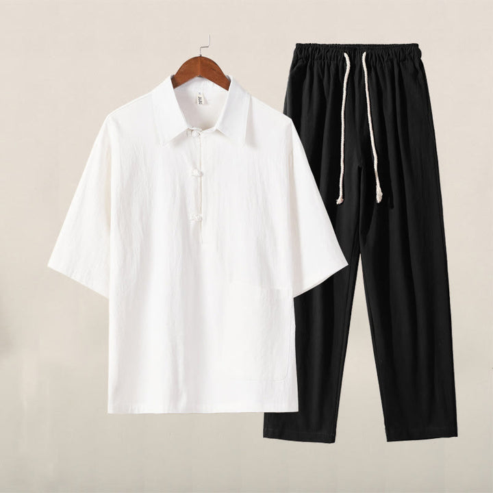 Ensemble 2 pièces décontracté en coton et lin avec poches et motif Buddha Stones, chemise à demi-bouton, pantalon à cordon de serrage, pour homme - Haut blanc et pantalon noir - US/UK/AU46，EU56 (5XL) - image 0