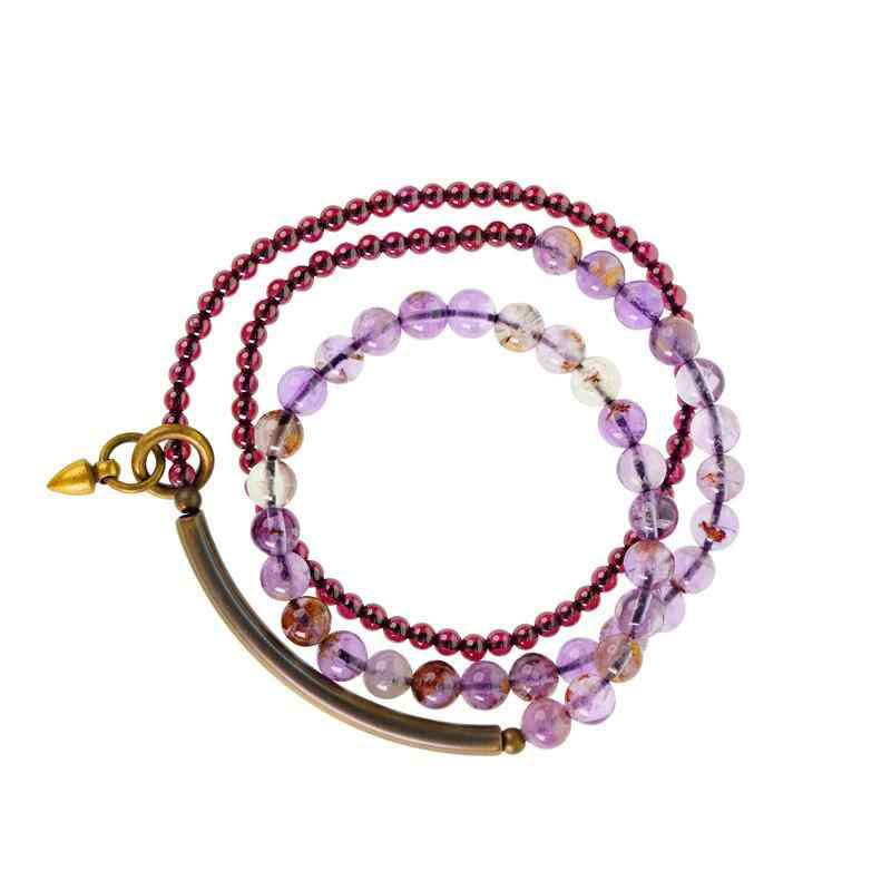 Bracelet d'équilibre multicouche rétro Buddha Stones, améthyste 6 mm et grenat 4 mm