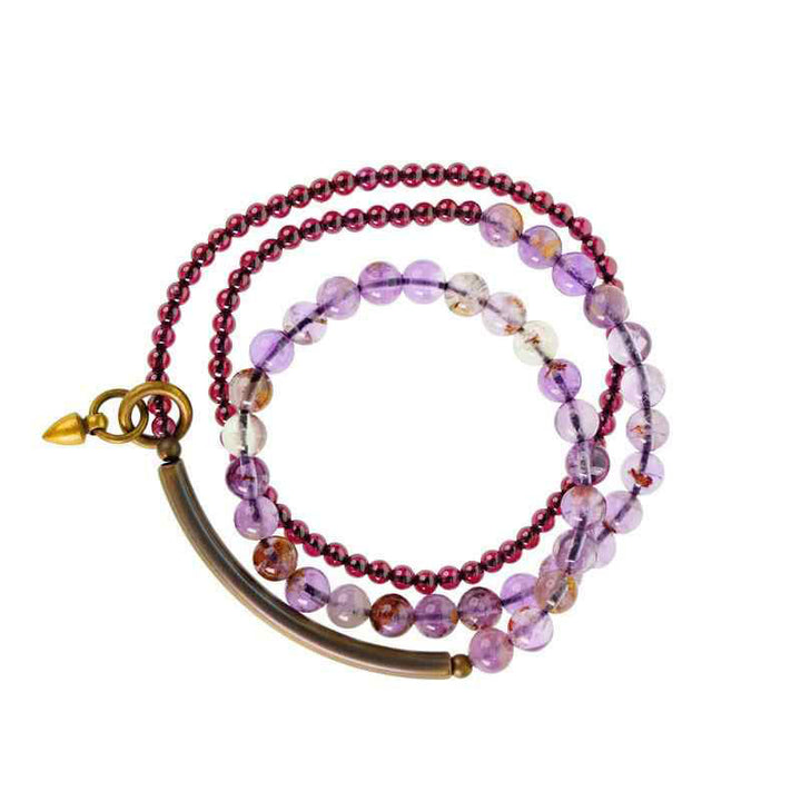 Bracelet d'équilibre multicouche rétro Buddha Stones, améthyste 6 mm et grenat 4 mm