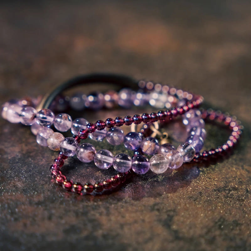 Bracelet d'équilibre multicouche rétro Buddha Stones, améthyste 6 mm et grenat 4 mm
