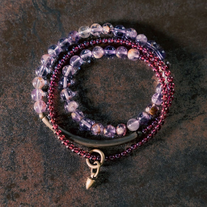 Bracelet d'équilibre multicouche rétro Buddha Stones, améthyste 6 mm et grenat 4 mm