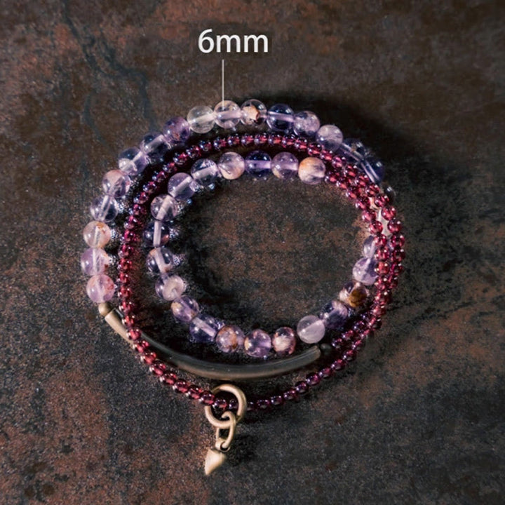 Bracelet d'équilibre multicouche rétro Buddha Stones, améthyste 6 mm et grenat 4 mm