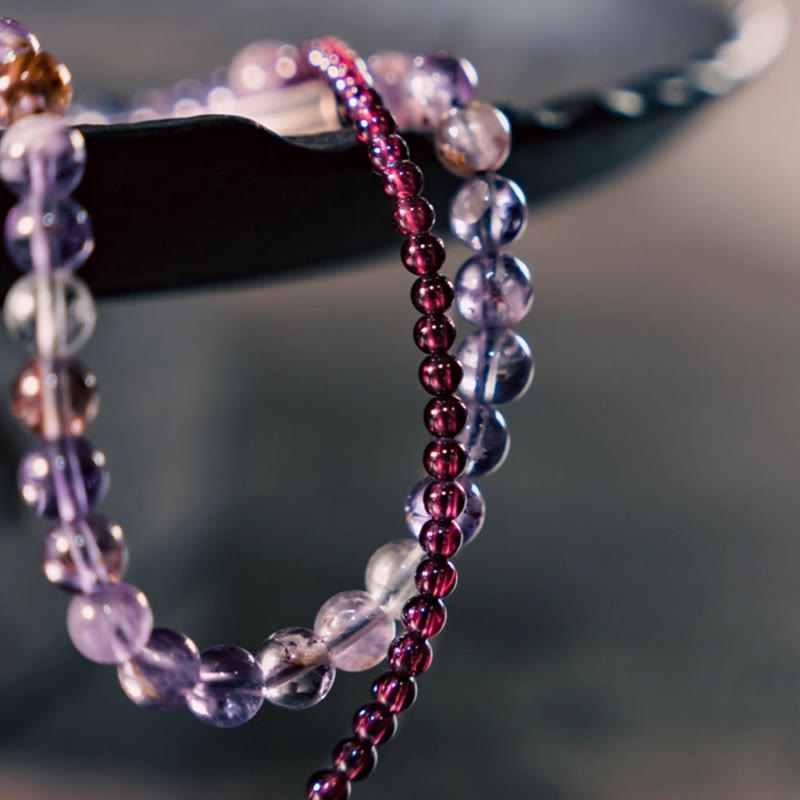 Bracelet d'équilibre multicouche rétro Buddha Stones, améthyste 6 mm et grenat 4 mm