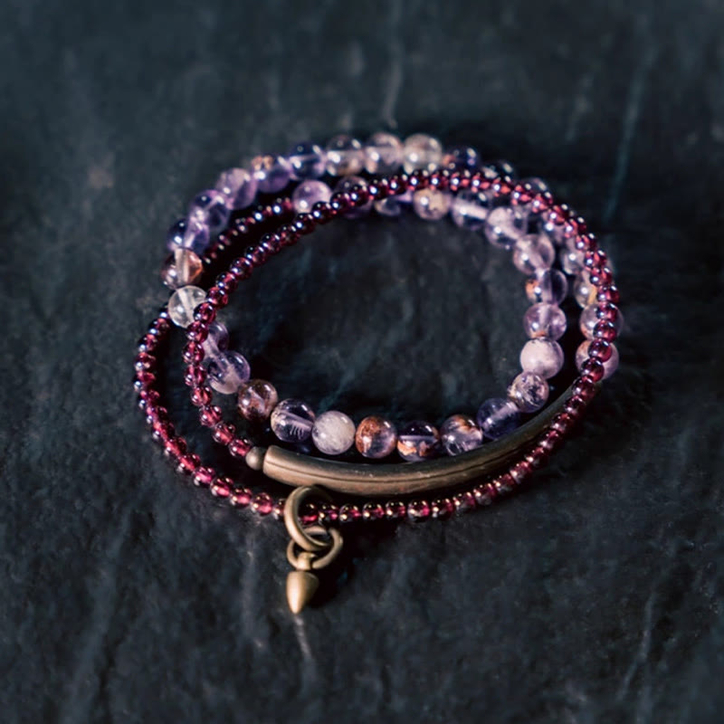 Bracelet d'équilibre multicouche rétro Buddha Stones, améthyste 6 mm et grenat 4 mm