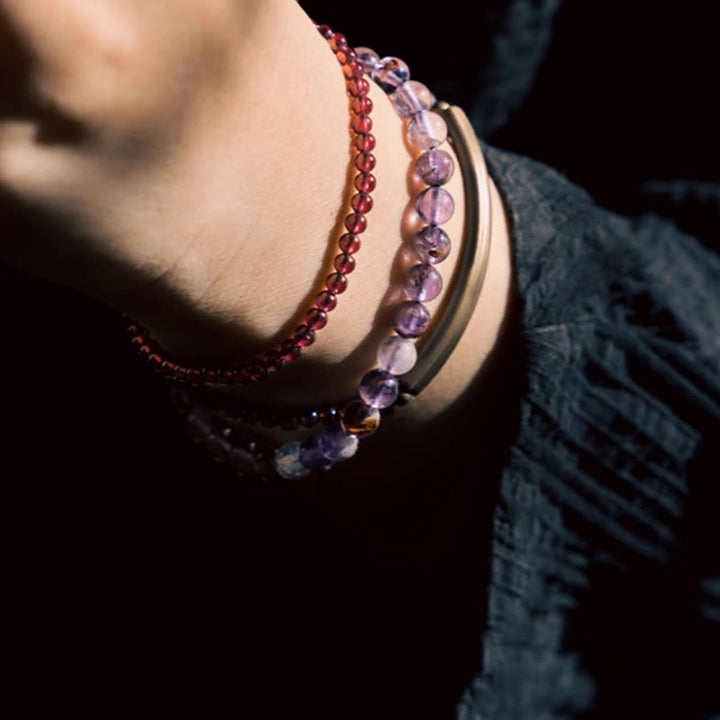 Bracelet d'équilibre multicouche rétro Buddha Stones, améthyste 6 mm et grenat 4 mm